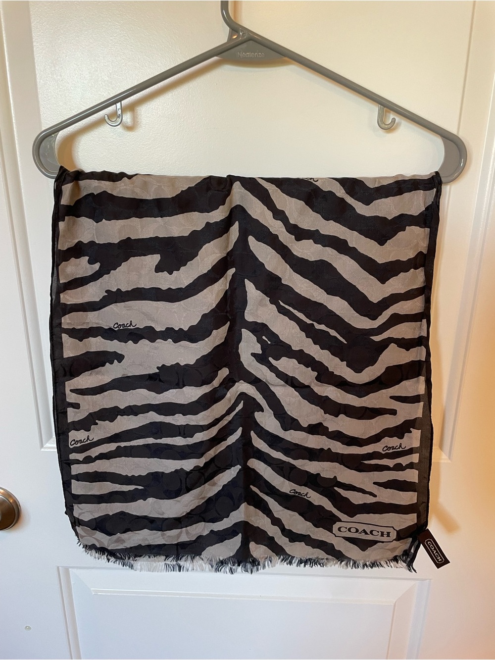 Coach Zebra Stripe Logo Scarf in Black and Gray - Picture 8 of 10